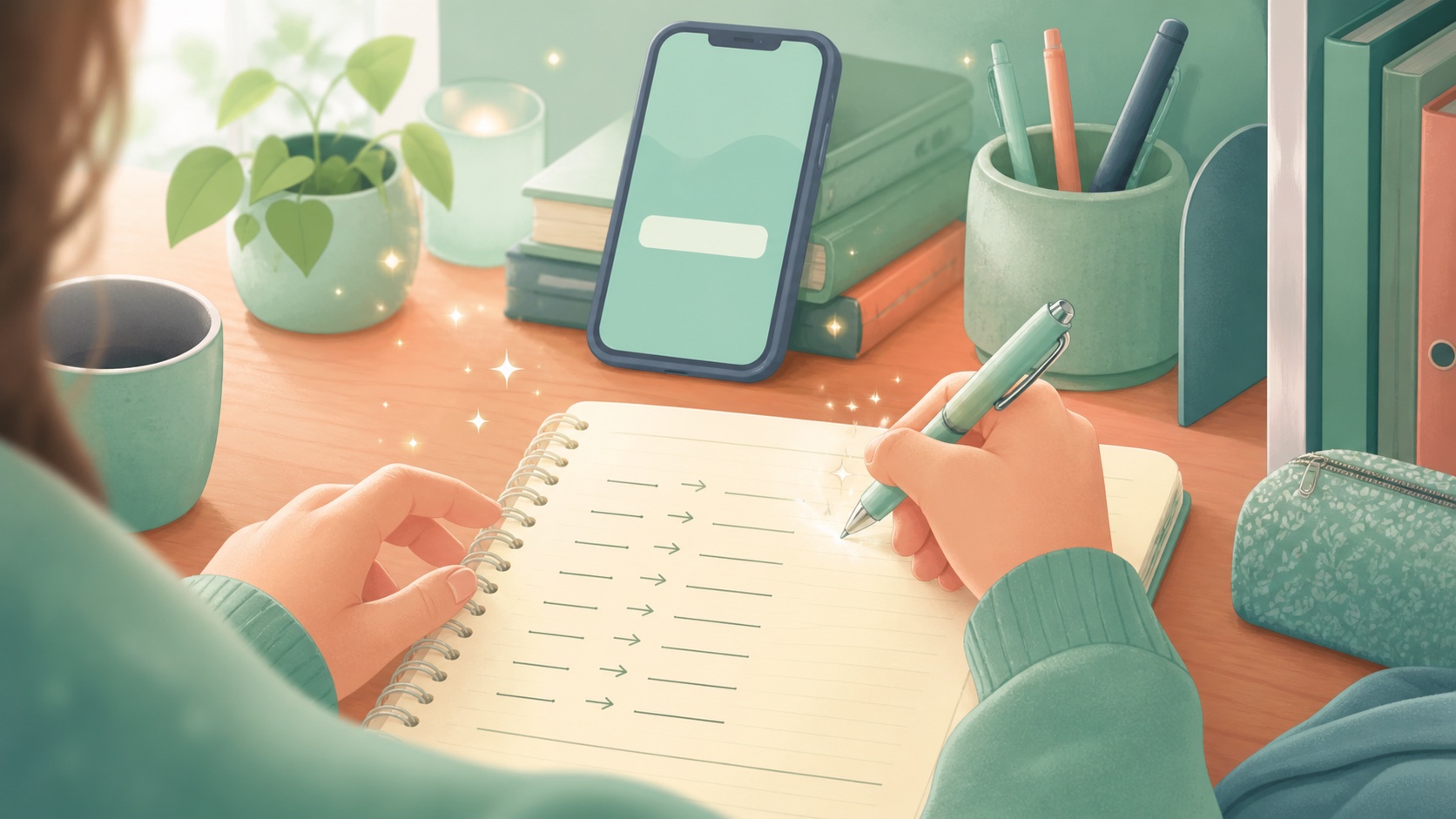 A student practicing Spanish verb conjugations in a notebook beside the Verbito app
