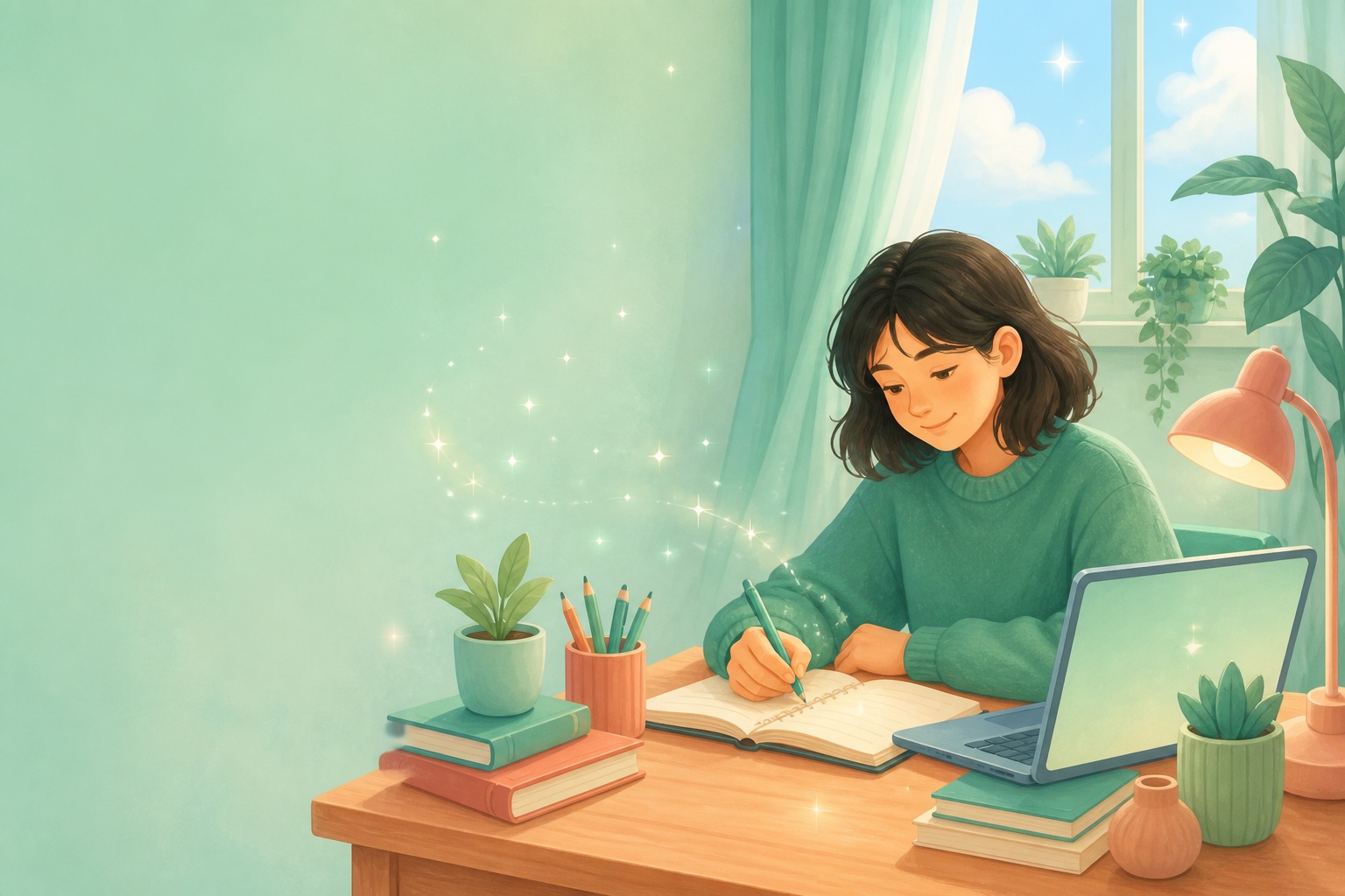 A student practicing Spanish verbs at a cozy desk